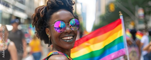 Smiling woman with rainbow flag at Pride parade. Close-up street portrait with colorful background