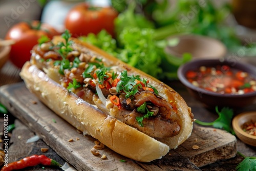 Hot dog with meat, sausage, pepper and cilantro. Macro photo with ingredients in the background. Fast food