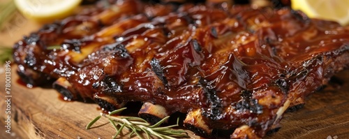 Barbecued pork ribs with glistening sauce and rosemary. Food photography with bokeh background