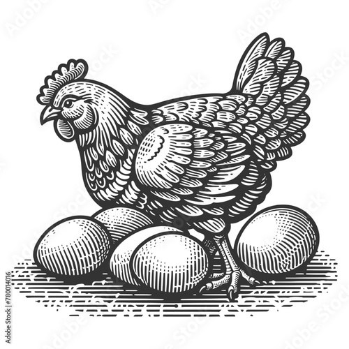hen chicken with eggs amongst floral embellishments sketch engraving generative ai fictional character vector illustration. Scratch board imitation. Black and white image.