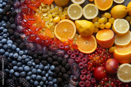 Dynamic array of fruits and candies, illustrating a visually attractive contrast and assortment that attract the viewer.
