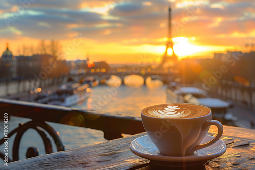 Cup of cappuccino in a cafe with a stunning view of Paris, golden hour 