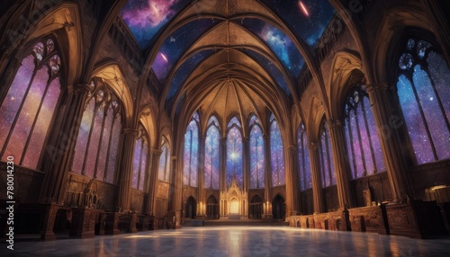 The grand interior of a cathedral  with cosmic-inspired stained glass casting a celestial glow over the spacious  silent nave