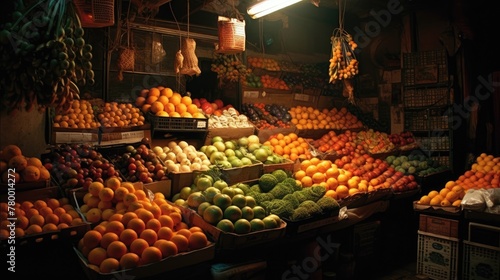 A Night at the asian Fruit traditional Market with various fruit on sale.
