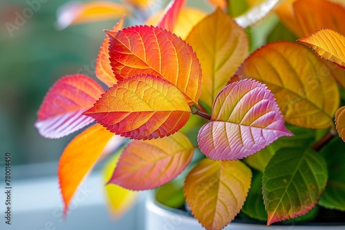 Colorful leaves in white planter, natural daylight, macro shot, sharp focus, vibrant , 8K , high-resolution, ultra HD,up32K HD