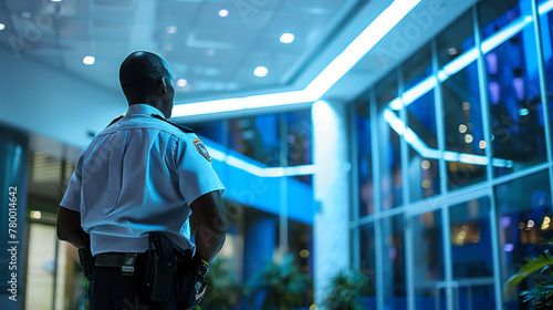 A vigilant security guard monitoring surveillance cameras and ensuring the safety and security of a commercial building.