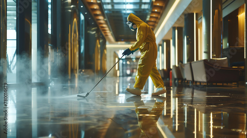 A diligent cleaner meticulously sanitizing and disinfecting surfaces to maintain high standards of hygiene and cleanliness in a commercial space. photo