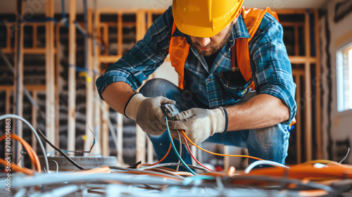 A skilled electrician installing wiring and electrical fixtures with precision and attention to safety standards at a construction site.