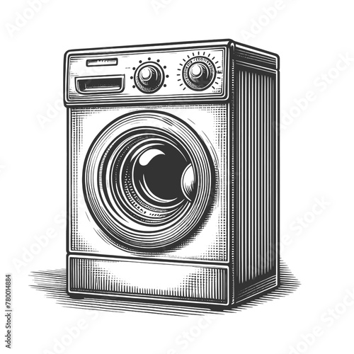 washing machine, ideal for themes of retro appliances and laundry sketch engraving generative ai vector illustration. Scratch board imitation. Black and white image.