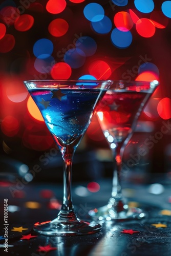 vertical banner, National Foundation Day Korea, alcoholic cocktail with ice, decorated in the colors of the flag of Korea, bokeh effect