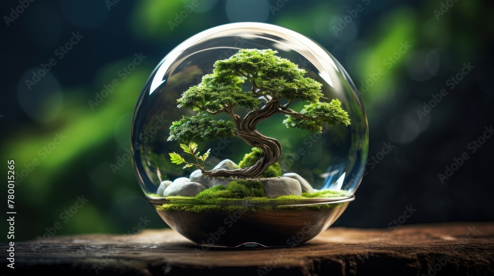 A beautiful tree inside a beautiful glass ball on an elegant wooden stand A beautiful tree inside a beautiful glass ball on an elegant wooden stand