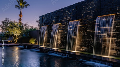 modern black wall with waterfall in garden photo