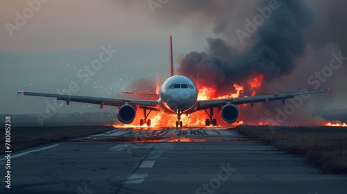 Airplane with engines on fire on the runway during sunset. Crisis and emergency landing concept photo