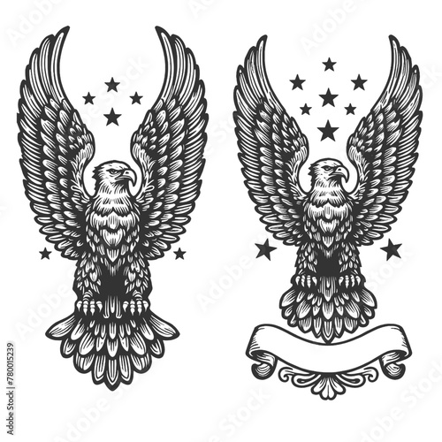 pair of symmetrical eagles with wings spread wide, freedom and strength sketch engraving generative ai fictional character vector illustration. Scratch board imitation. Black and white image.