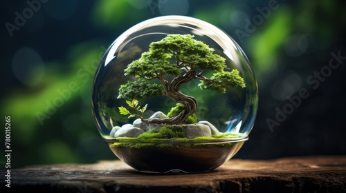 A beautiful tree inside a beautiful glass ball on an elegant wooden stand