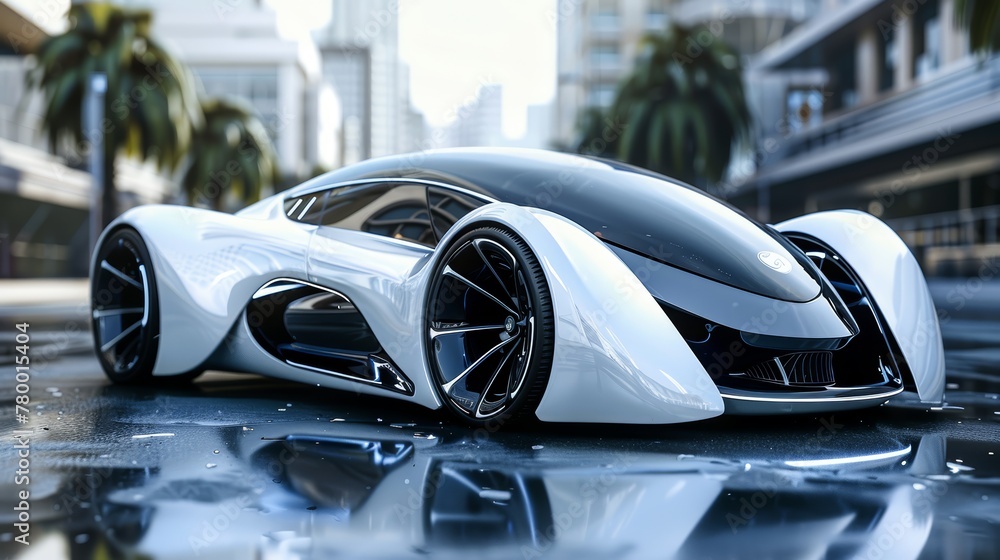 Sleek futuristic car design with reflections on wet urban ground. Luxury and innovation concept for design and print