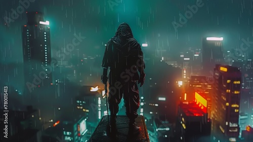 Figure in a cloak standing on a building rooftop with neon city lights in the rain at night. Futuristic urban scene photo