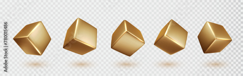 Gold cube shapes set isolated on white background. Golden glossy realistic primitives . Abstract decorative vector figure for trendy design