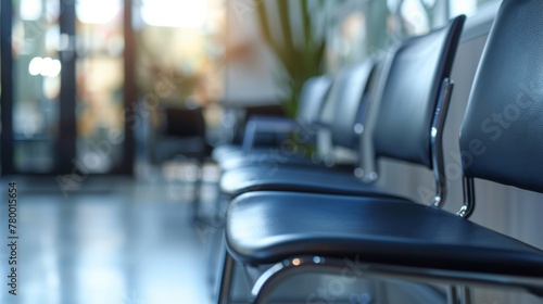 Empty black office chairs in a row. Blurred lobby background. Corporate environment concept. © Andrey