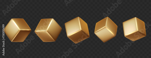 Gold 3D cubes pack isolated on dark background. Realistic vector geometric shapes in different light, perspective and angle.