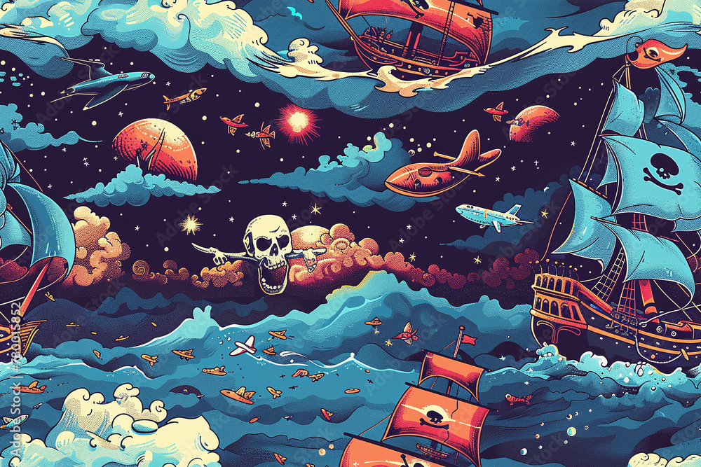 Obraz premium seamless pattern illustration of pirates, ships and sea at night, pirate themed, vector style