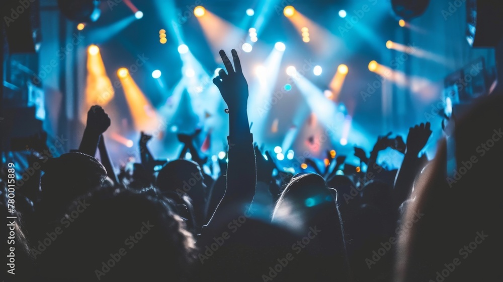 a concert crowd with hands raised - obrazy, fototapety, plakaty 