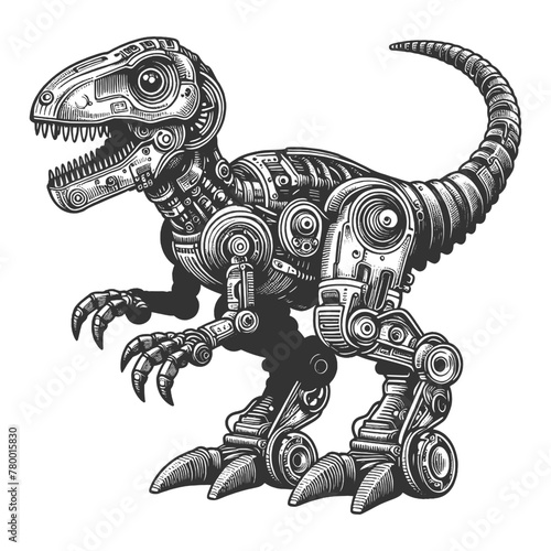  futuristic robotic dinosaur combining prehistoric themes with modern technology sketch engraving generative ai fictional character vector illustration. Scratch board imitation. Black and white image.
