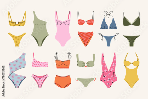 Summer swimsuit bikini icons. Cartoon colorful women beachwear, female swimwear clothes fashion collection, swim wear garment. Vector isolated set © Yelyzaveta