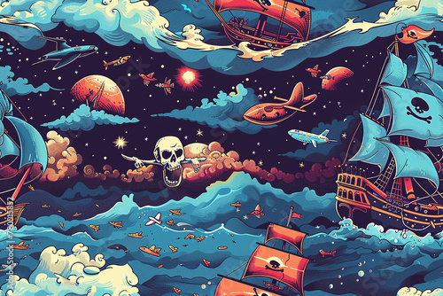 seamless pattern illustration of pirates, ships and sea at night, pirate themed, vector style photo