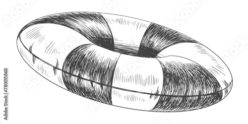 Sketch style lifebuoy. Black and white hand drawn beach inflatable ring. Engraved swim ring isolated on white background
