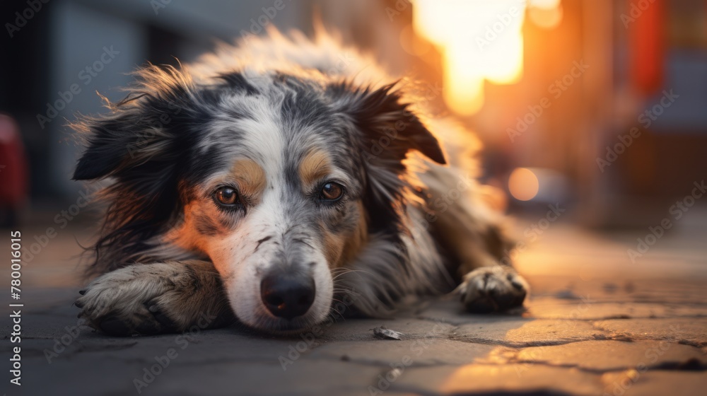 A pensive canine companion stretched out on the sidewalk as the sunset created a peaceful aura. Concept: helping homeless animals.