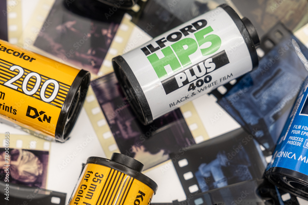 Sibiu, Romania April 07, 2024. Empty 35mm film canisters from