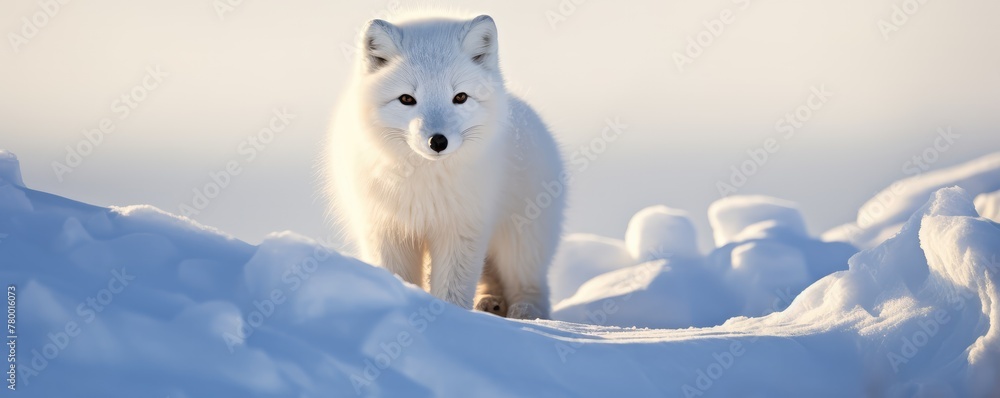 white Arctic fox staring calmly amidst a snowy backdrop, with its thick winter fur coat in the soft light white Arctic fox staring calmly amidst a snowy backdrop, with its thick winter fur coat in the soft light
