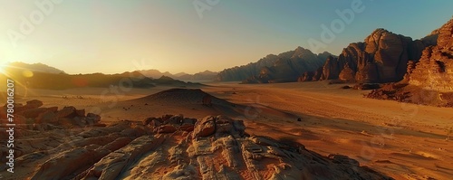 Sun over a vast desert with sand dunes and dramatic mountain structures, portraying tranquility and the grandeur of nature
