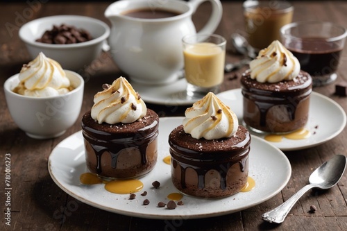 Chocolate puddings with creme anglaise and mini meringues photo