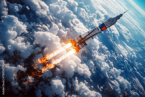 flying rocket into space against background of a blue sky with clouds