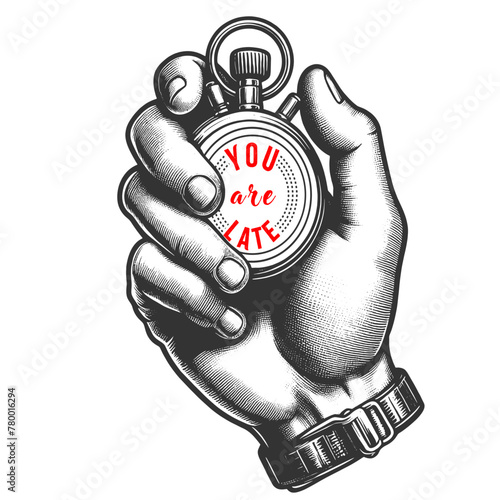stopwatch with You are late text, emphasizing the importance of time sketch engraving generative ai fictional character vector illustration. Scratch board imitation. Black and white image.