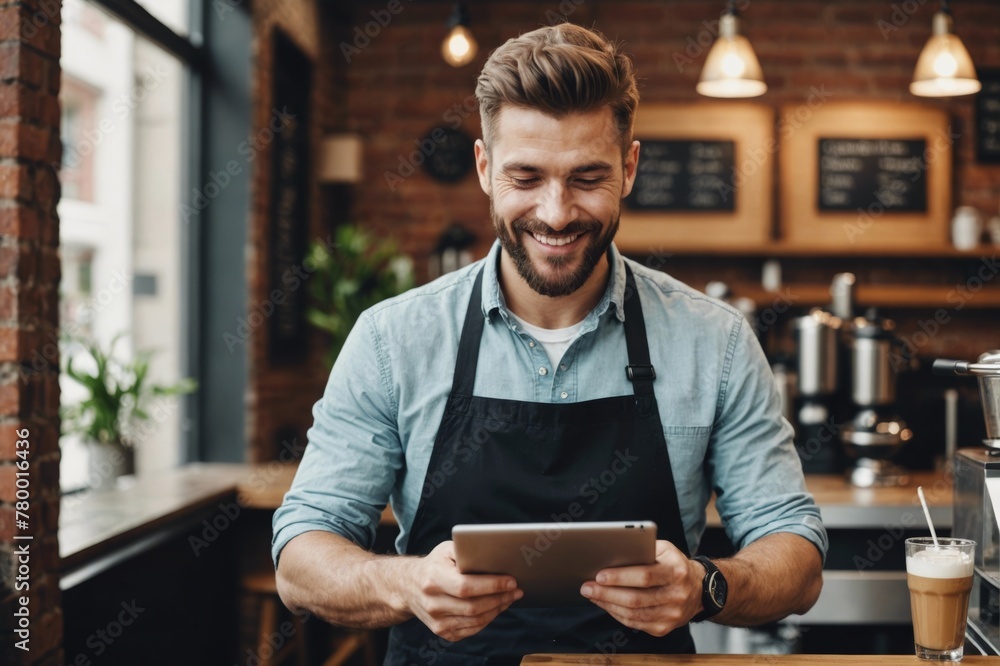 Portrait of happy caucasian male barista using tablet in cafe. cafe, free time and city concept. Portrait of happy caucasian male barista using tablet in cafe. cafe, free time and city concept.