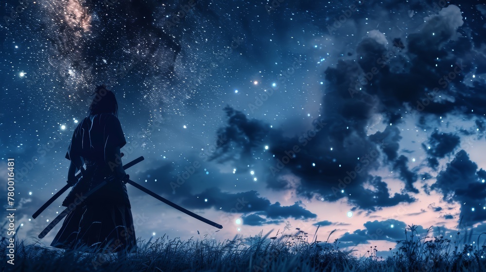 Samurai silhouette on grass field with cosmic galaxy clouds
