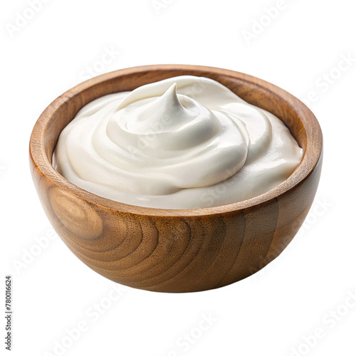 Sour cream in a wooden bowl isolated on a transparent background. © shabbir