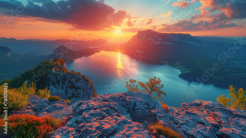 breathtaking landscape with sunset over mountain lake