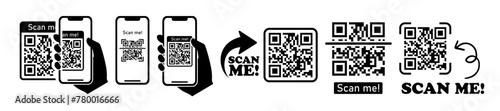 QR code set. Scan qr code icon. Template scan me Qr code for smartphone. payment hand with phone, scanner app, thin line symbol on transparent  background photo