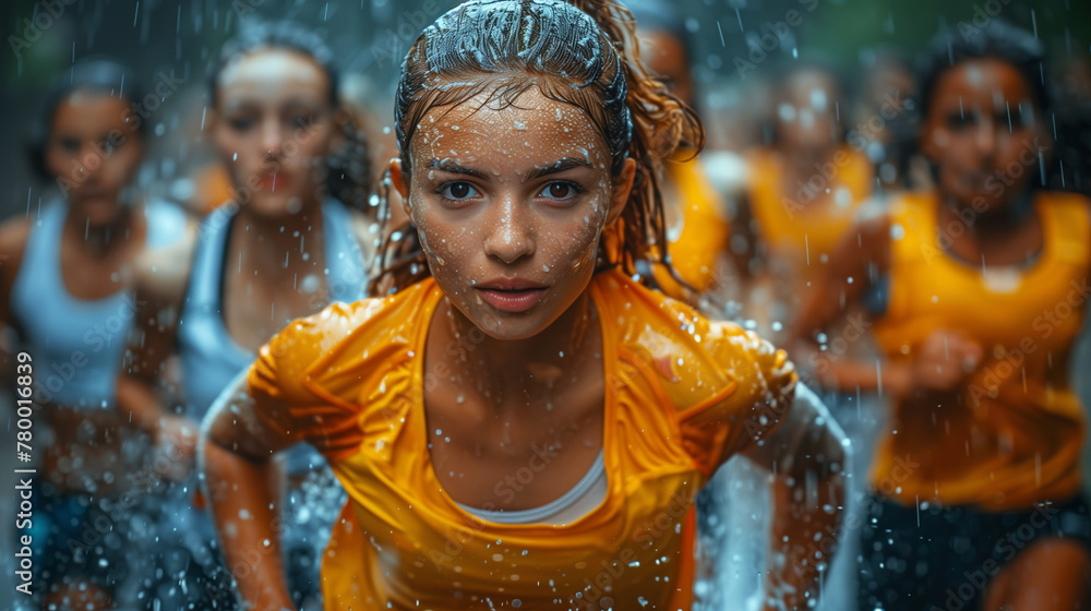 Obraz premium dynamic sport action shot, runners in the rain, all-around