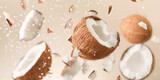 Flying Coconut Shards with Milk Splash. A dynamic composition where shards of coconut and splashes of milk are artistically frozen in time against a soft beige backdrop.