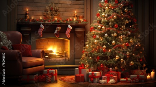 Experience the joy of the holidays in a living room adorned with a decorated Christmas tree, burning fireplace, and an array of festive gifts.