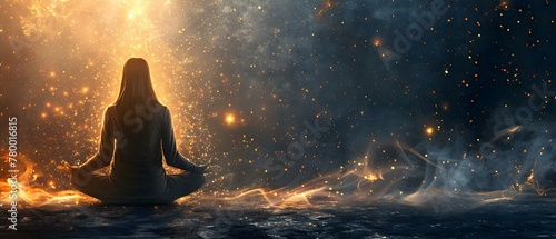 Meditative Silhouette Amidst Cosmic Energy. Concept Spiritual Awakening, Mindful Practices, Energy Healing, Inner Peace © Ян Заболотний
