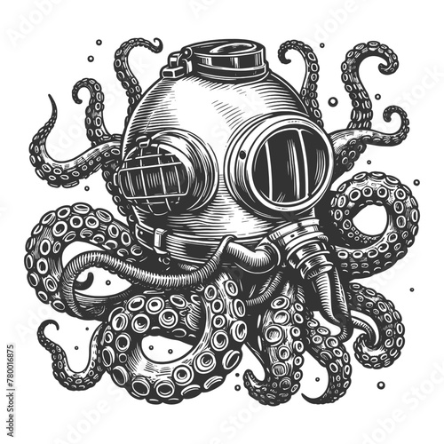Octopus in diving helmet mechanical and the organic, steampunk diving helmet sketch engraving generative ai vector illustration. Scratch board imitation. Black and white image.