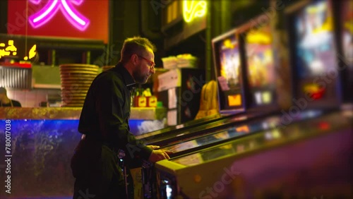 Grown man relives childhood through arcade game in neon-lit cafe. Adult embracing inner child with gaming in a vibrant setting. Fits narratives of preserving youthfulness, adult play photo