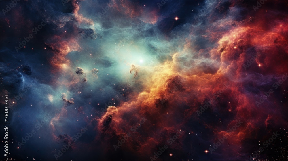 Wallpaper rendering of colorful cloudy nebula of space galaxy.