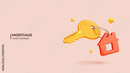 House keys mortgage loan concept. Realistic 3d design of Real estate agent give keys. 3D Vector illustration in cartoon minimal style.